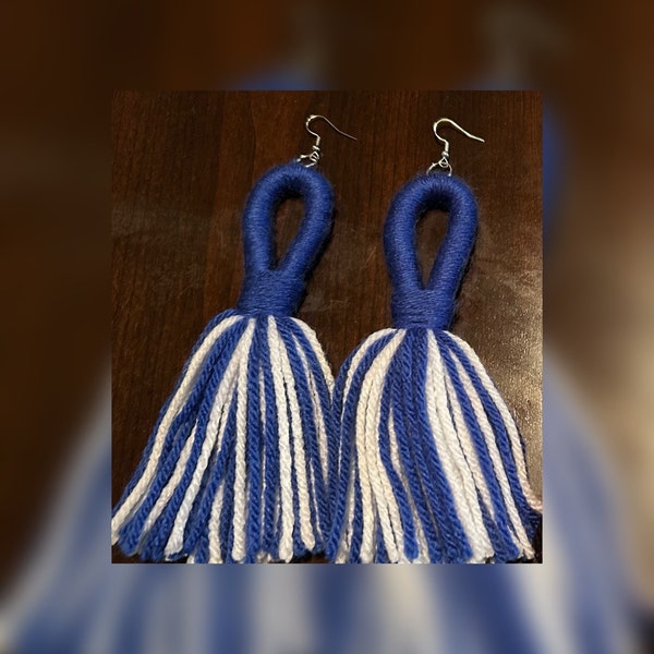 Blue and White Yarn Tassel Earrings, Yarn Tassel Earrings, Gift for Her, Women Owned, Black Owned, Gift for Woman, Gift for Teens