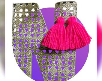 Pink Yarn Tassel Earrings, Statement Earrings