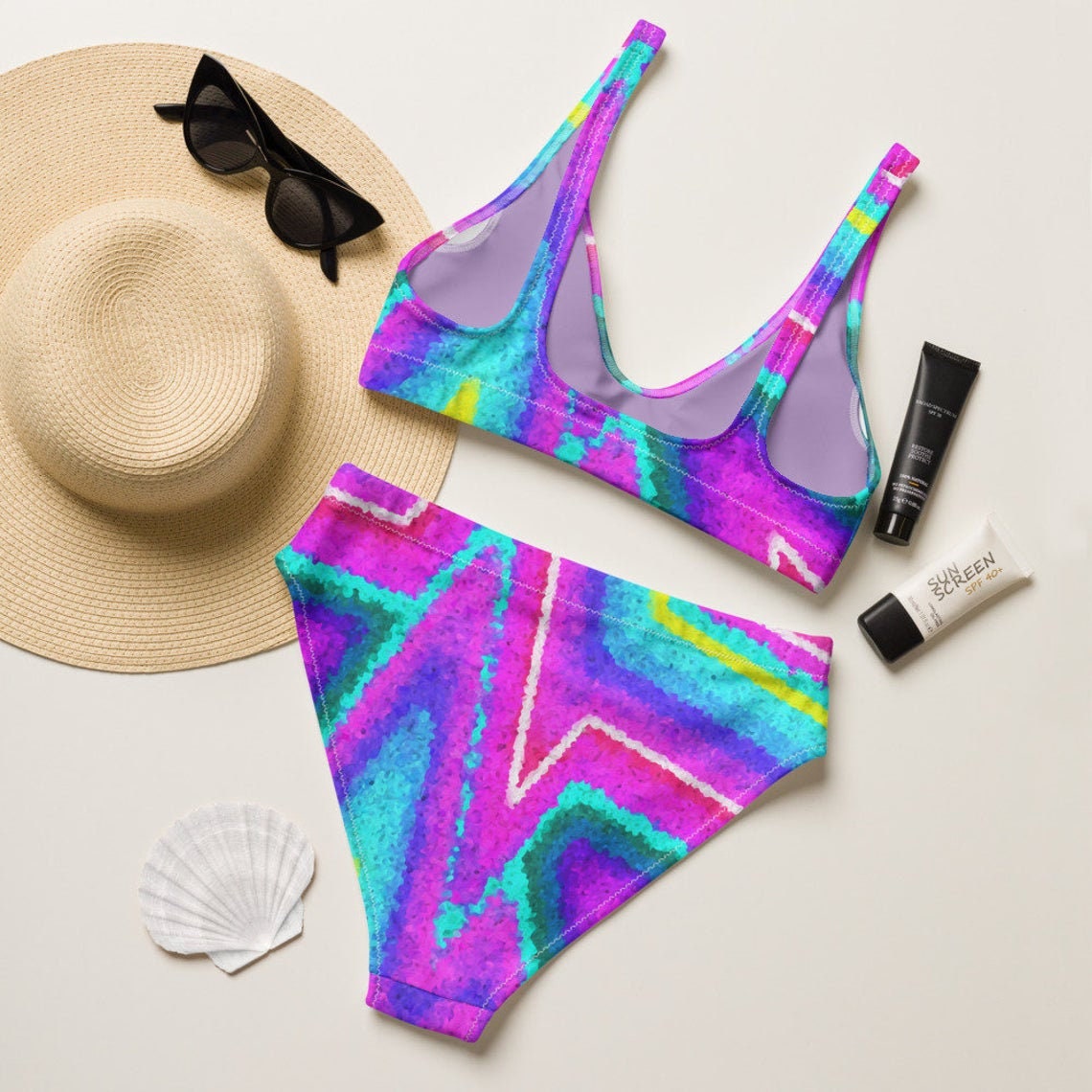 Highwaisted Recycled Material Swimsuit Stripy pattern Etsy