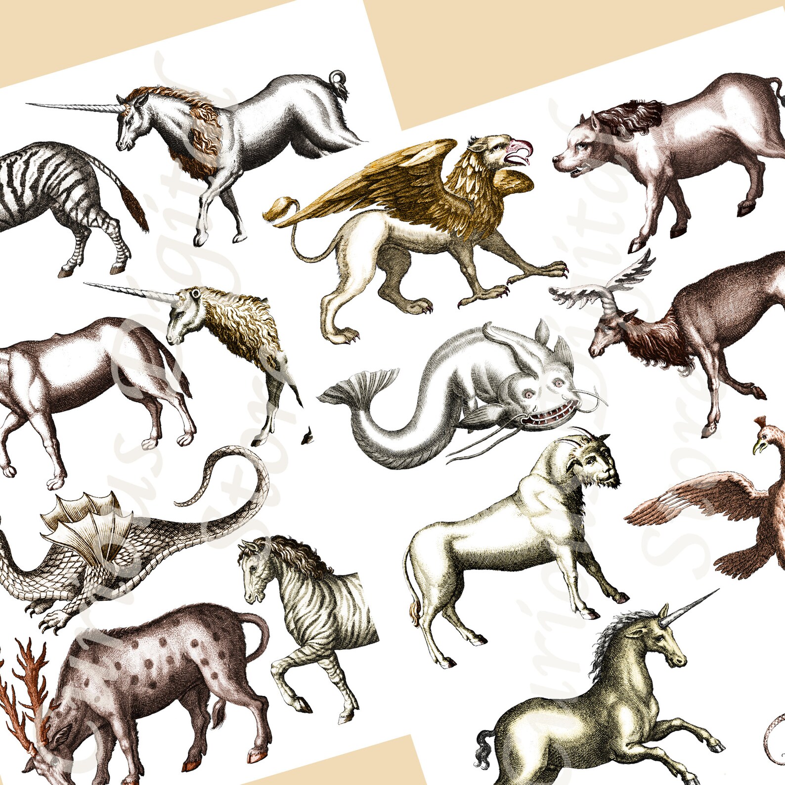 Mythical Beasts Digital Printable Collage Sheet JPG 2 - Etsy