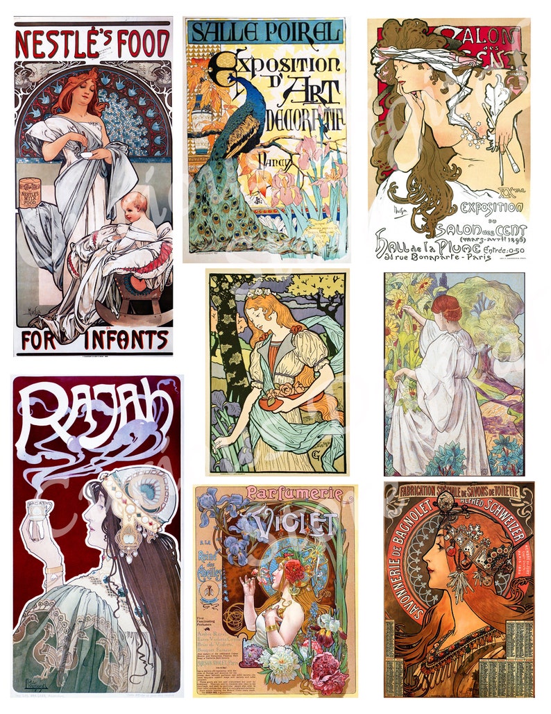 Art Nouveau Posters and Illustrations Digital Printable Etsy