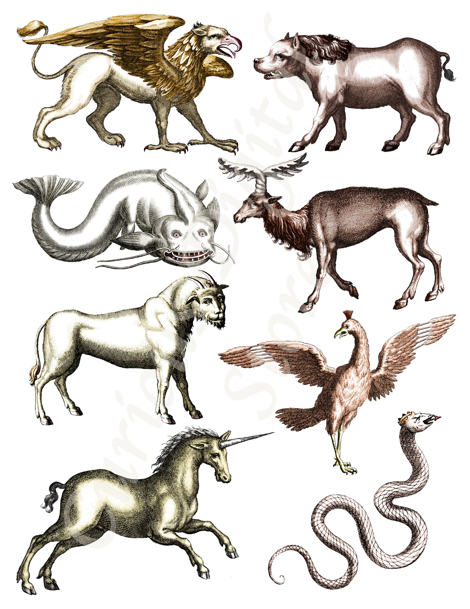 Mythical Beasts Digital Printable Collage Sheet JPG 2 - Etsy