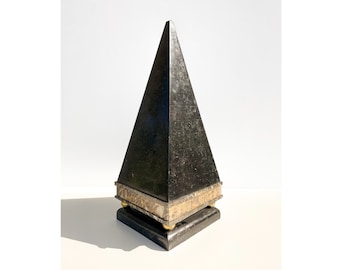 Vintage Postmodern Black Tessellated Marble Stone Pyramid Obelisk Sculpture Minimal MCM Retro Abstract 70s 80s