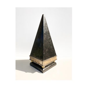 Vintage Postmodern Black Tessellated Marble Stone Pyramid Obelisk Sculpture Minimal MCM Retro Abstract 70s 80s