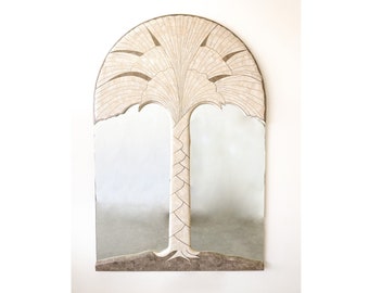 Vintage Tessellated Marble Stone Travertine Palm Tree With Brass Inlay Mirror Postmodern MCM Retro Art Deco 70s 80s