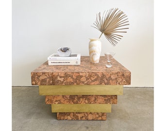 Vintage Cork & Brass Tiered Side Table: Postmodern MCM Decor