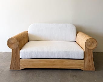 Vintage 1970s Coastal Rattan Pencil Reed Loveseat Settee
