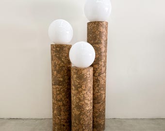 Vintage Inspired Cork Floor Lamps – Set of 3 – Custom Made with Acrylic Globe Shades – Mid Century Modern 70s Style Lighting