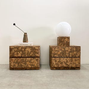 Vintage Pair Cork Veneer Nightstands MCM Postmodern 70s 80s Retro