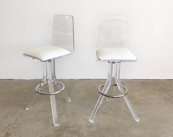 Vintage Pair of Lucite And Chrome Bar Stool Chair Space Age MCM Retro Postmodern 70s 80s