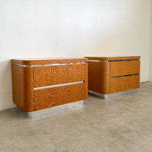 Pair of Vintage Lacewood Veneer With Chrome Trim Nightstand Lacquer Laminate Postmodern MCM Retro 70s 80s image 5