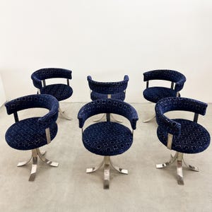 Vintage 1970s Osvaldo Borsani Set of 6 Dining Chairs – Cobalt Blue Velvet & Steel Swivel Base Italian MCM Postmodern