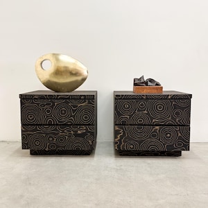 Vintage 1970s Mid Century Modern Nightstands – MCM Brown & Gold Veneer, Sushi Brown Alpi Wood, Retro Bedside Tables