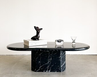 Vintage Oval Black And White Marble Stone Coffee Table Postmodern MCM Retro Minimalist 70s 80s