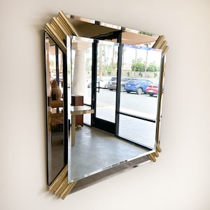 Vintage Smoke Glass And Brass Square Mirror Mirror Postmodern MCM Retro Art Deco 70s 80s image 2