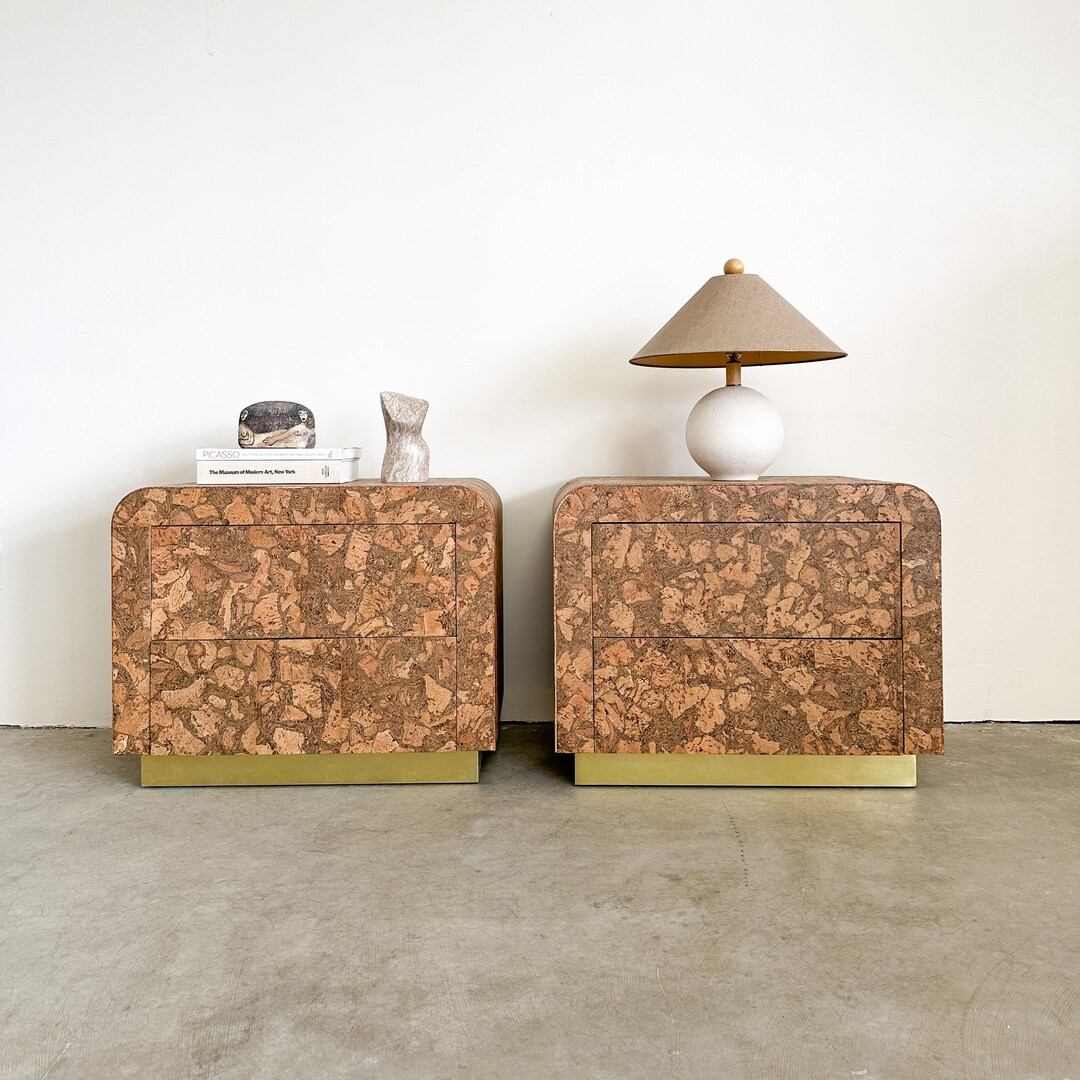 Pair of Vintage Cork Nightstands With Brass Trim Bottom Bedside Table