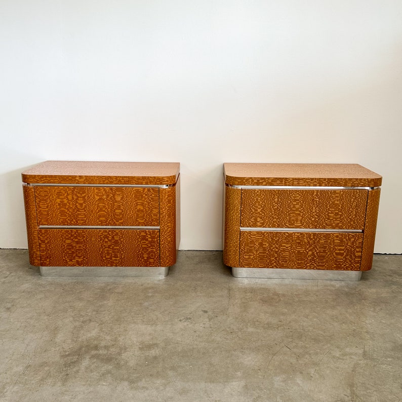 Pair of Vintage Lacewood Veneer With Chrome Trim Nightstand Lacquer Laminate Postmodern MCM Retro 70s 80s image 3