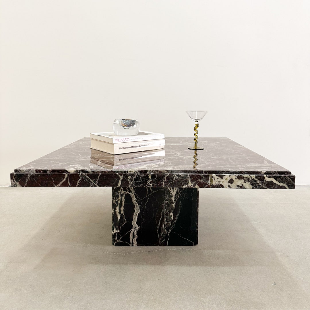 Vintage Square Burgundy Marble Stone Coffee Table Marble Postmodern MCM ...