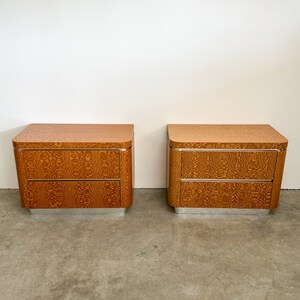 Pair of Vintage Lacewood Veneer With Chrome Trim Nightstand Lacquer Laminate Postmodern MCM Retro 70s 80s image 4