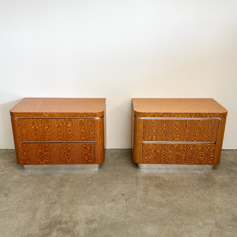 Pair of Vintage Lacewood Veneer With Chrome Trim Nightstand Lacquer Laminate Postmodern MCM Retro 70s 80s image 4