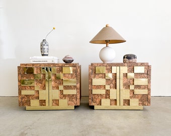 Pair of Vintage Cork Nightstands With Brass Detail Bedside Table 80s Postmodern MCM Laminate Retro Burlwood