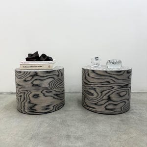 Pair of Round Cocktail Tables Ettore Sottsass Veneer, Memphis Design, Postmodern MCM, 70s 80s Retro ALPI Wood Vintage Side Tables End Tables