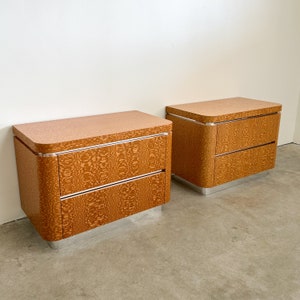 Pair of Vintage Lacewood Veneer With Chrome Trim Nightstand Lacquer Laminate Postmodern MCM Retro 70s 80s image 6