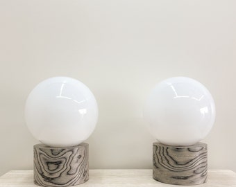 Pair Of Ettore Sottsass Veneer And Acrylic Globe Lamps MCM Postmodern Retro 70s 80s