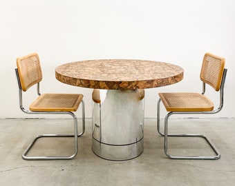 Vintage Cork Round Chrome Pedestal Base Dining Table MCM 70s Minimalist Retro Burlwood 80s Postmodern