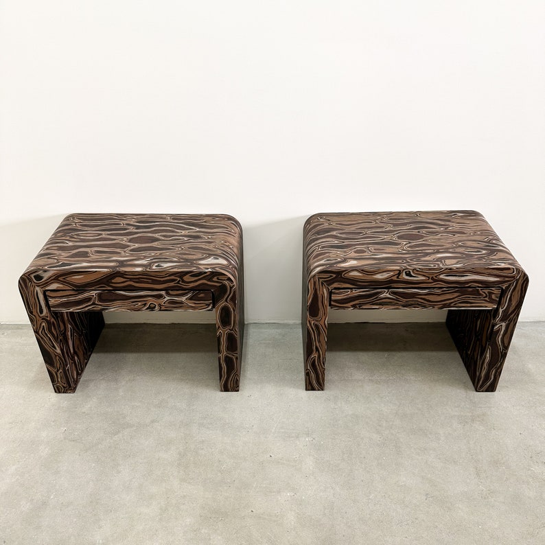 Pair of Vintage Waterfall Nightstands With Kengo Kuma Veneer MCM 70s 80s Postmodern Retro image 5