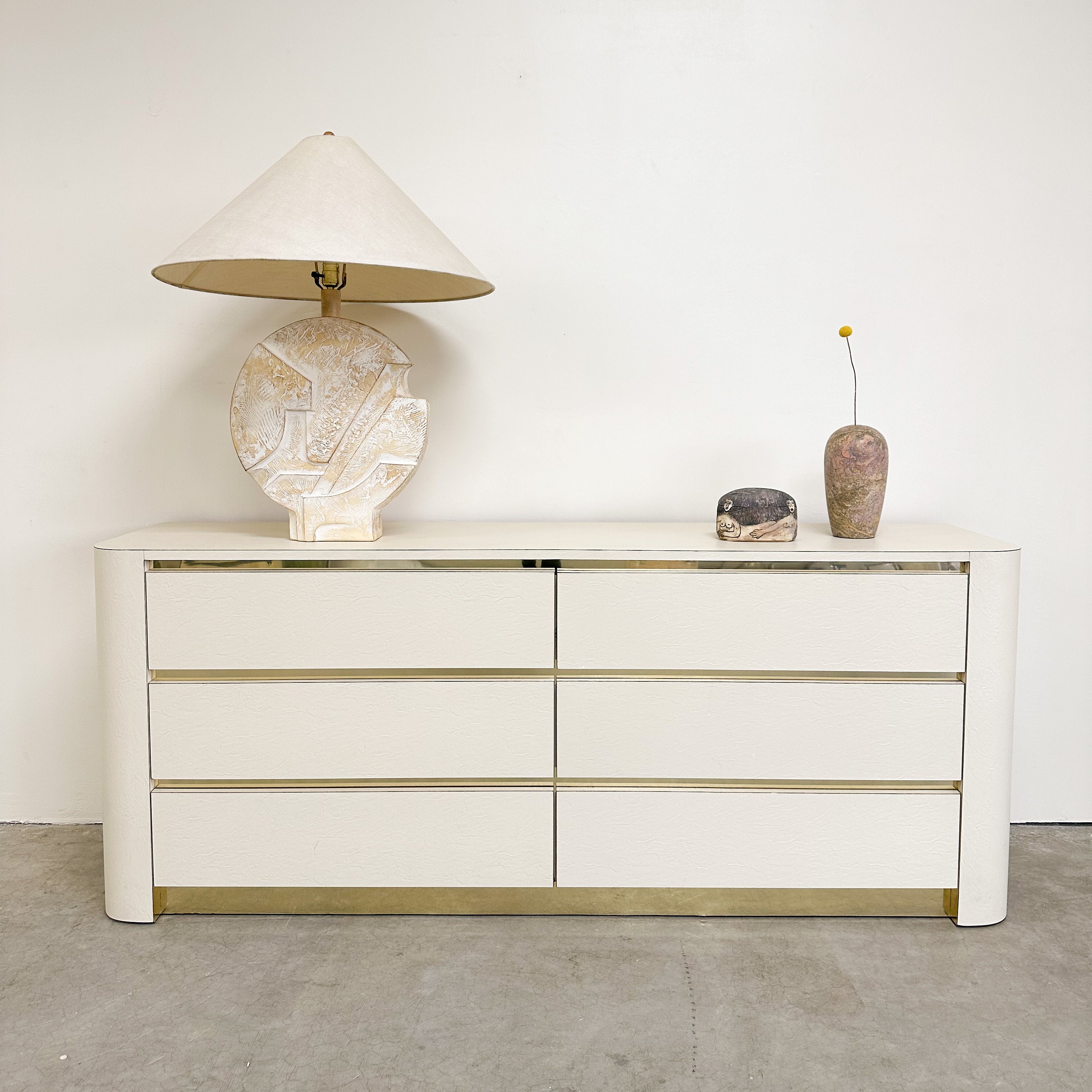 Vintage Laminate Textured Cream With Brass Trim Dresser Vintage Laminate Textured Cream With Brass Trim Dresser