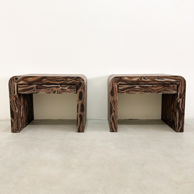 Pair of Vintage Waterfall Nightstands With Kengo Kuma Veneer MCM 70s 80s Postmodern Retro image 2