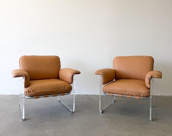 Vintage 1970s Pace Collection Argenta Lounge Chairs | Mid-Century Modern Chrome & Lucite Chairs