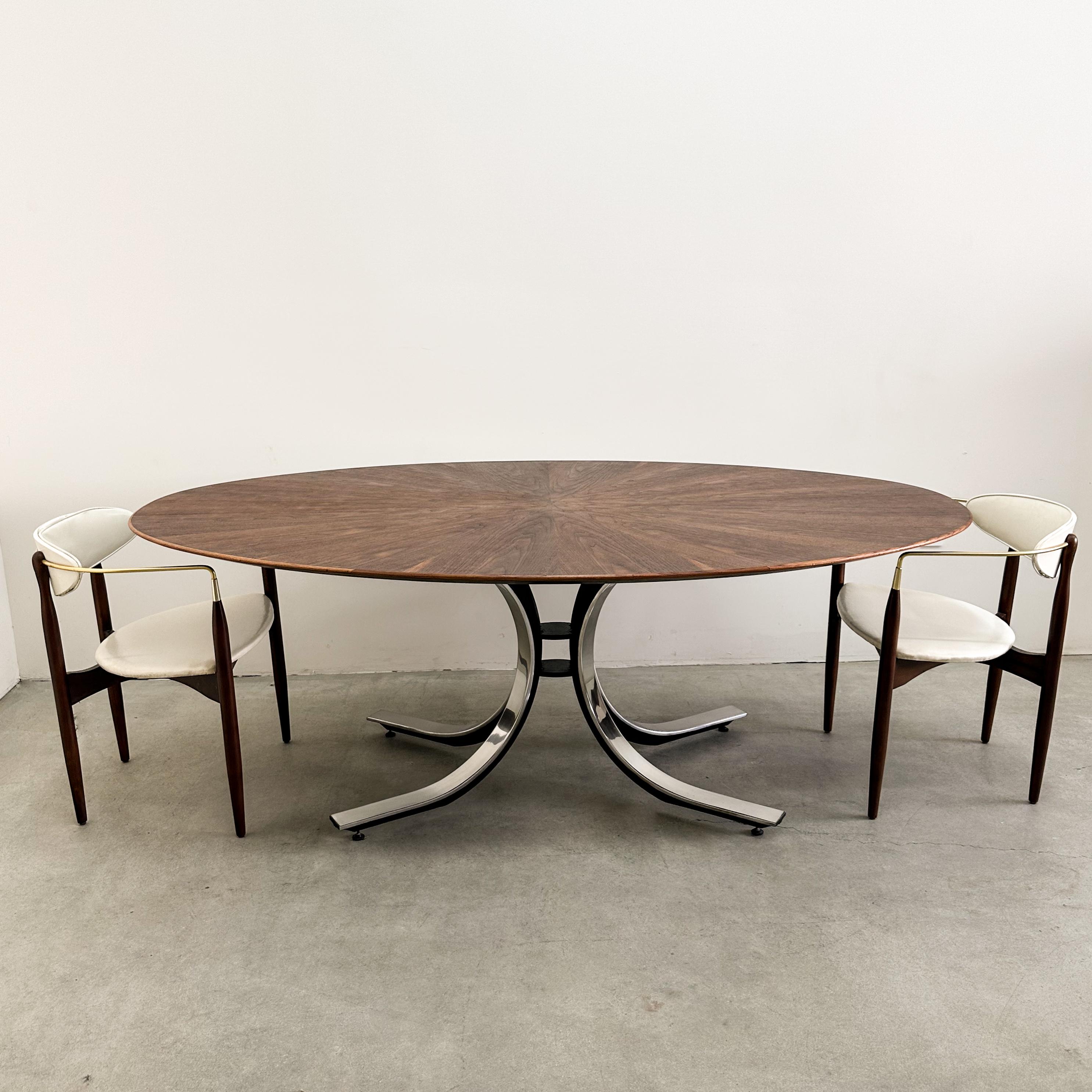 Vintage Stow Davis Oval Dining Table: Walnut Starburst Top, Chrome