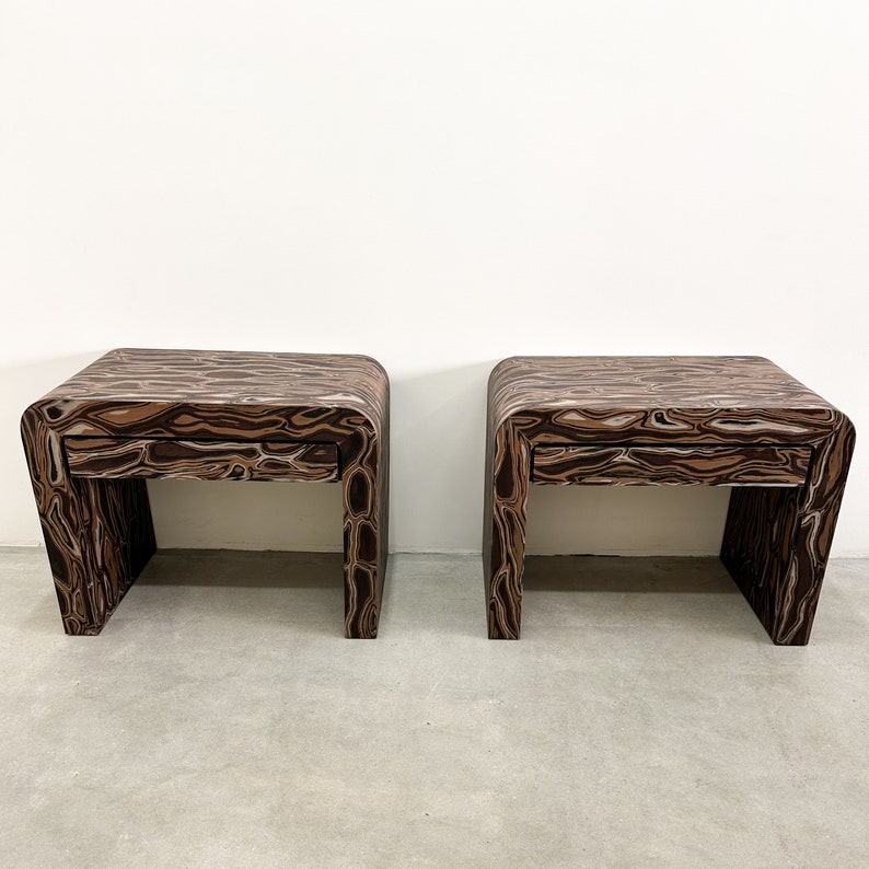 Pair of Vintage Waterfall Nightstands With Kengo Kuma Veneer MCM 70s 80s Postmodern Retro image 4