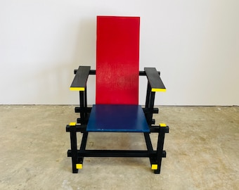 Vintage Gerrit Rietveld Estilo Rojo Azul De Stijl Silla De Madera MCM Posmoderno Bauhaus