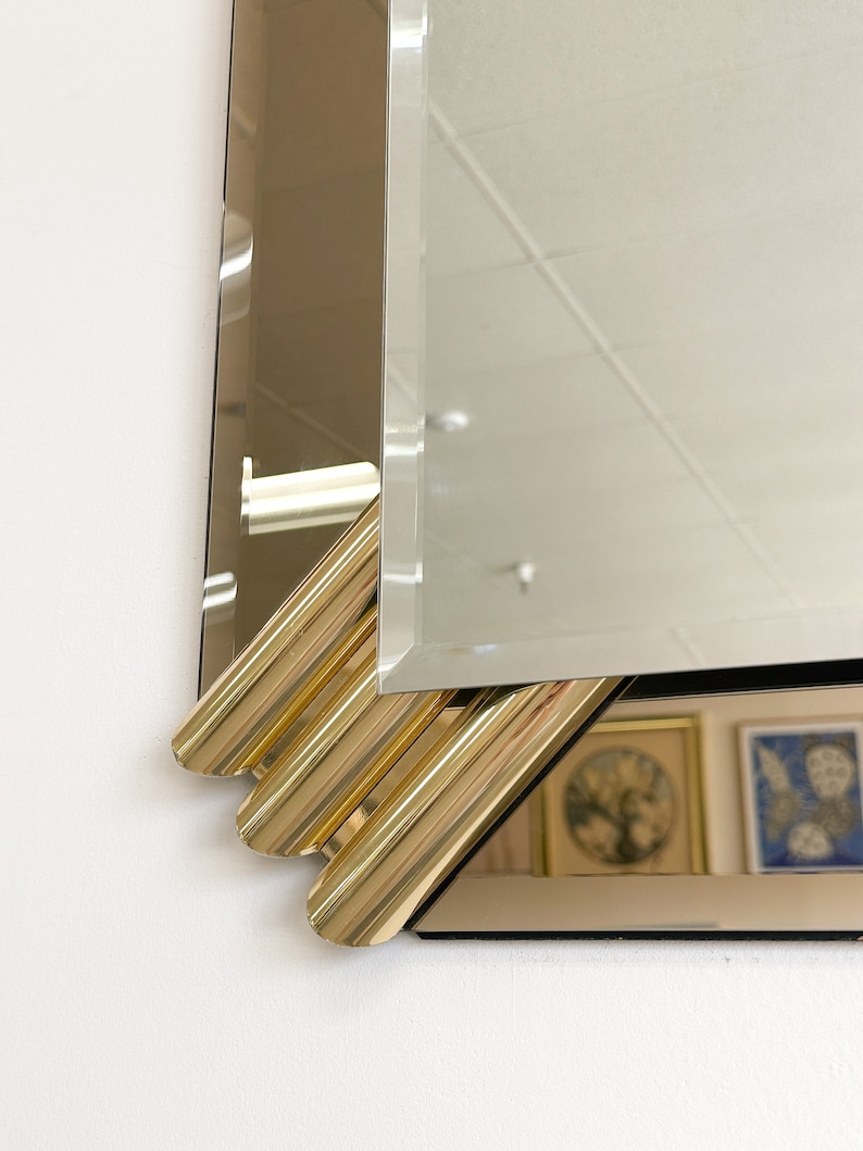 Vintage Smoke Glass And Brass Square Mirror Mirror Postmodern MCM Retro Art Deco 70s 80s image 7