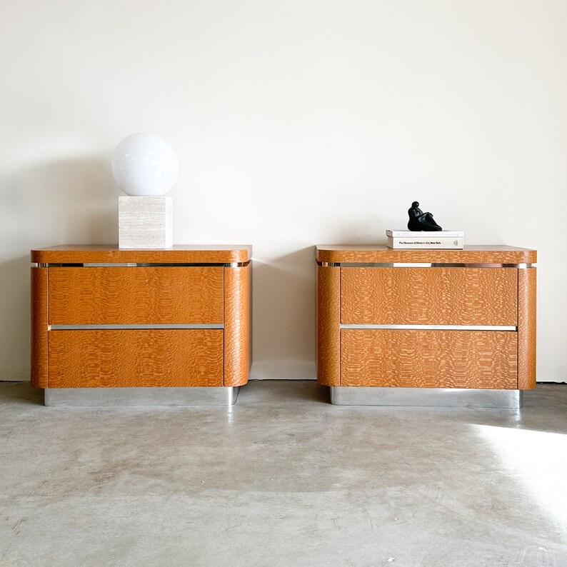 Pair of Vintage Lacewood Veneer With Chrome Trim Nightstand Lacquer Laminate Postmodern MCM Retro 70s 80s image 1