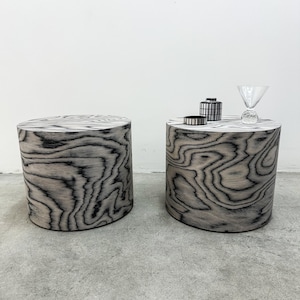 Pair of Round Cocktail Tables Ettore Sottsass Veneer, Memphis Design, Postmodern MCM, 70s 80s Retro ALPI Wood Vintage Side Tables End Tables