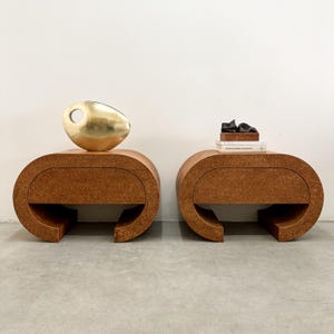Vintage Postmodern Waterfall Sapele Pommele Wood Nightstands / End Tables – Mid-Century Modern One-Drawer Pair Burlwood Retro