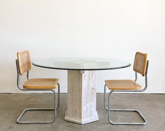 Vintage Travertine Stone And Glass  Dining Table Postmodern MCM 70s 80s Retro Minimalist