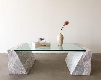 Vintage 1980s Postmodern Marble Stone And Glass Coffee Table