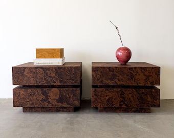 Pair of MCM Vintage 1970s Burlwood Nightstands Bedside Tables