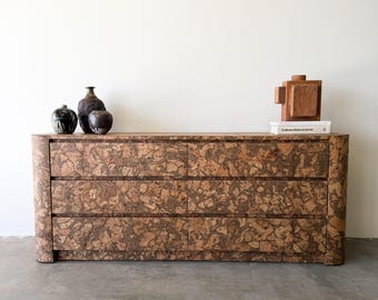 Vintage Mid Century Modern Rounded Edge Cork Dresser Burlwood 70s 80s Postmodern