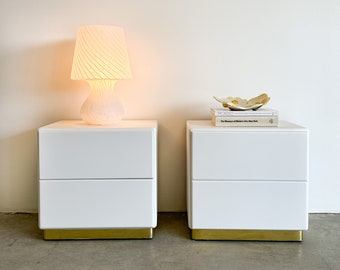 Pair of Vintage White And Brass Trim Nightstand Lacquer Laminate Postmodern MCM Retro 70s 80s