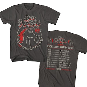 May include: Charcoal grey t-shirt with a distressed horse graphic and the words "Wild Stallions" and "Most Excellent World Tour". The back of the shirt displays a list of tour dates from August 1989.