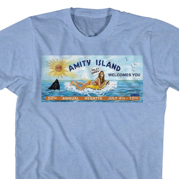 Jaws Amity Island Welcomes You Billboard Light Blue Shirts