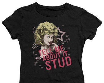 Grease Sandy Tell Me About it Stud Juniors and Women Black Shirts