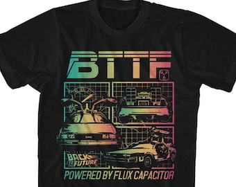 May include: Black t-shirt featuring a colourful graphic of the DeLorean time machine from the Back to the Future film franchise. The graphic includes the text "BTTF" and "Powered by Flux Capacitor".