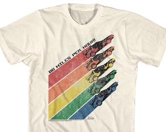 May include: A white t-shirt featuring a vintage-style graphic of a rainbow with five cars driving up the stripes. The text "88 Miles Per Hour!" is printed on the shirt.